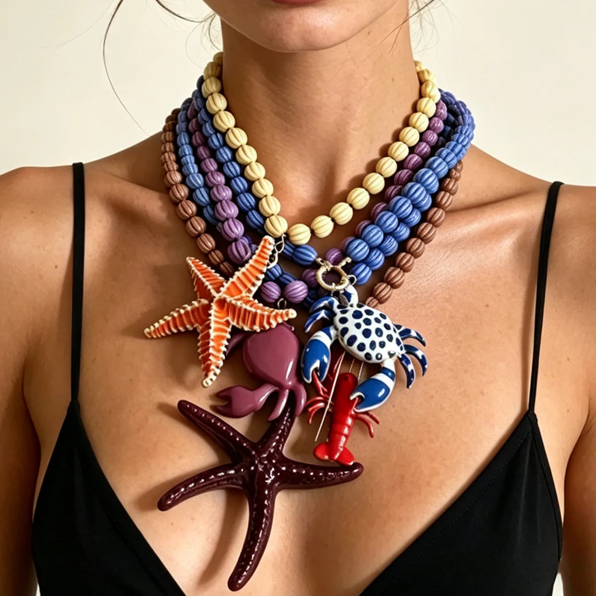 2026 Summer Beach Vacation Style Ocean Lobster Crab Pendant Colorful Beaded Necklace
