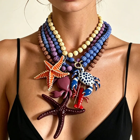2026 Summer Beach Vacation Style Ocean Lobster Crab Pendant Colorful Beaded Necklace