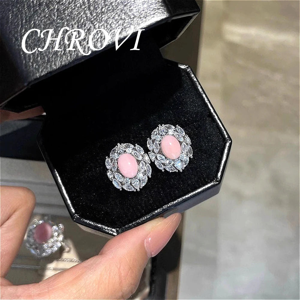 Premium 925 pure silver rouge powder conch shell necklace set, luxury earrings, high-carat diamond ring, women's accessory