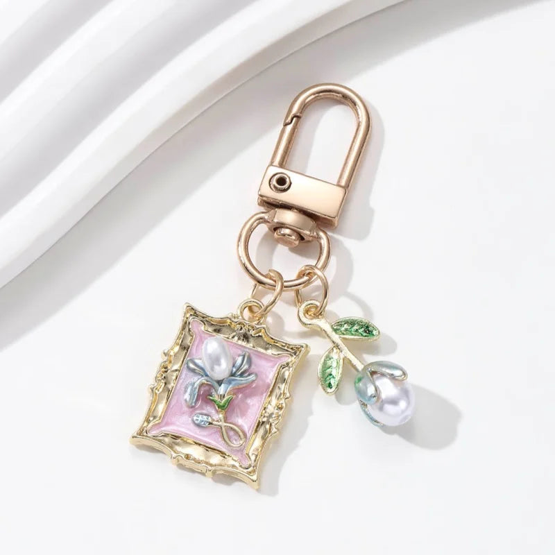Pretty Flower Pearl Butterfly Enamel Keychain Cartoon Baroque style Plant Key Ring For Women Girls Handmade Gift DIY Jewelry