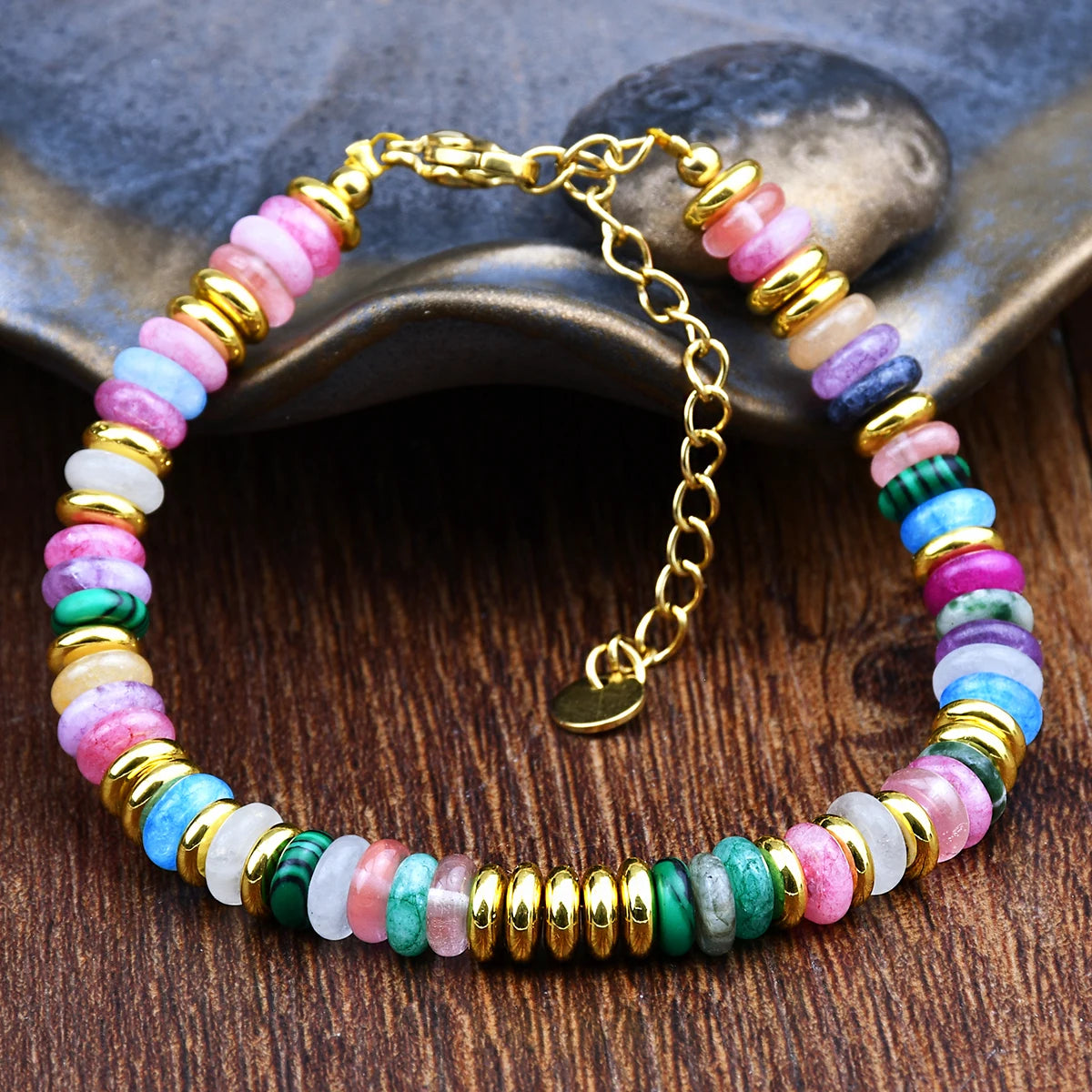 Natural Stone Colorful Mix-Gemstones Beaded Bracelet Bohemian Women's Sweet And Cute Summer Vacation Handmade Jewelry