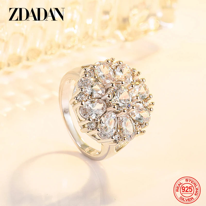 ZDADAN 925 Sterling Silver Flower Amethyst Finger Ring For Christmas Women Party Jewelry Gift
