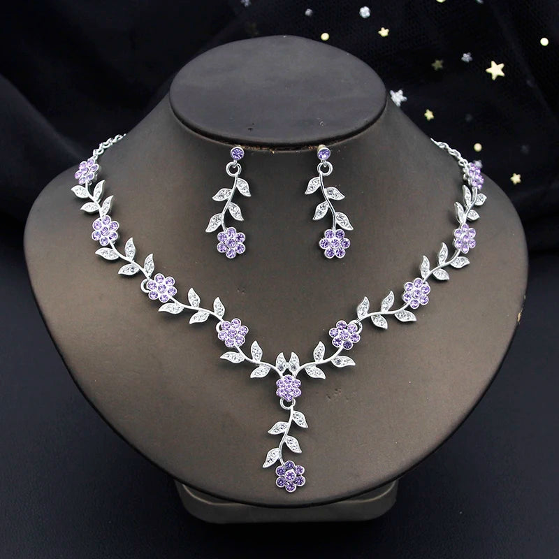 Exquisite 16 Colors Flower Jewelry Set Rhinestone Pendant Party Women Fashion Romantic Wedding Necklace Earring Set 3pcs Gifts