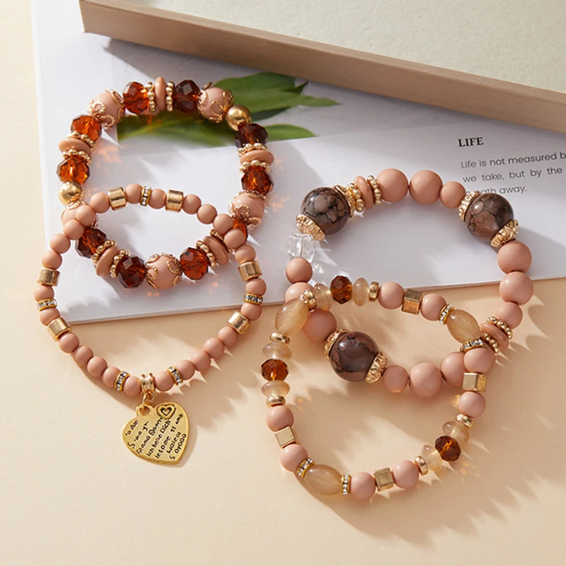 4pcs/set Bohemian Stackable Bead Bracelets for Women Multilayered Bracelet Pendant Charm Stretch Bangles