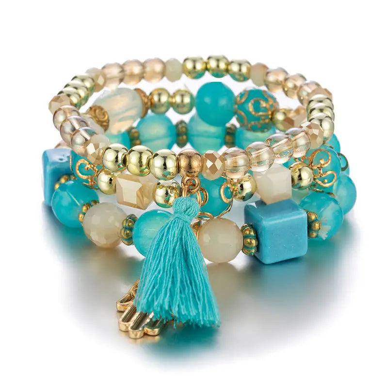 3Pcs/set Boho Fatima Hand Charm Bracelets Set For Women Tassel Colorful Beads Chain Bangle Girls Bohemian Jewelry Accessories