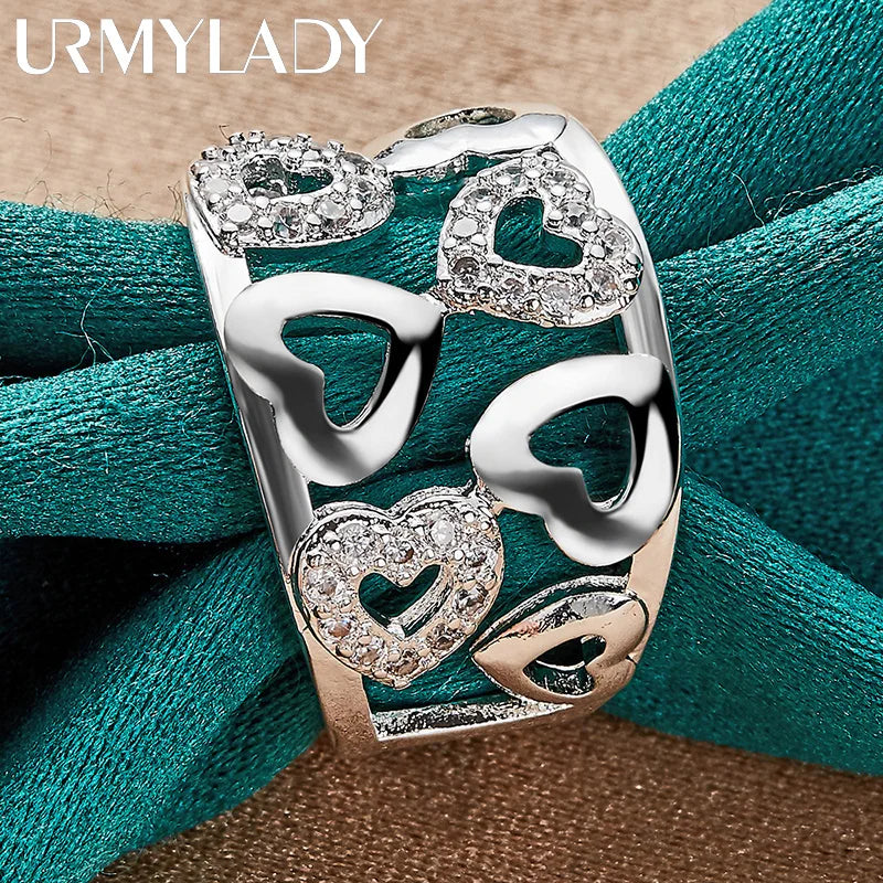 URMYLADY 925 Sterling Silver Hollow Smooth Heart Zircon Charm 7-10# Ring For Women Wedding Engagement Fashion Jewellery
