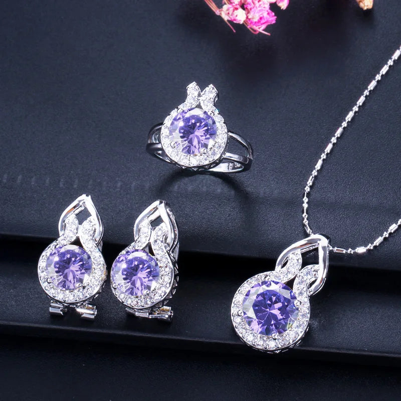 ThreeGraces 3pcs Fashion Shiny Pink Round Zirconia Wedding Party Pendant Necklace and Earrings Ring Jewelry Set for Women T1222