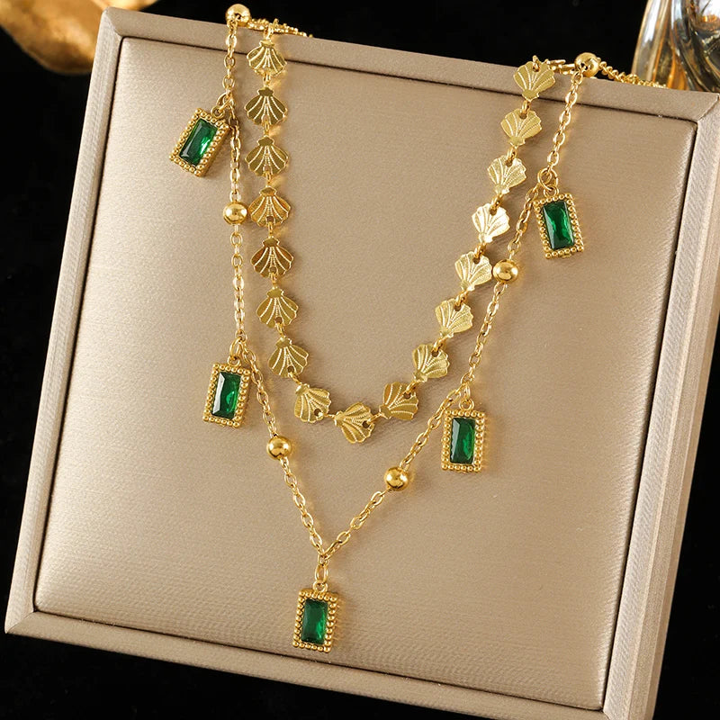 EILIECK 316L Stainless Steel Artificial Turquoise Pendant Necklace for Women Fashion Waterproof 2 Layer Neck Chain Jewelry Gift