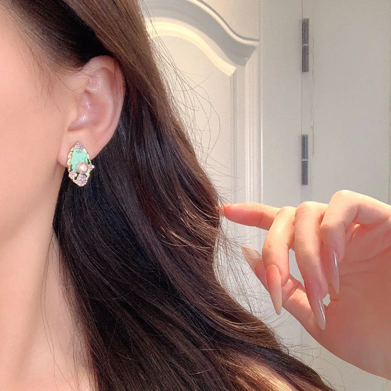 French Vintage Enamel Garden Pearl Earrings For Women Elegant Fashion Oil Drop Flower Stud Earrings Office Party Jewelry Gift