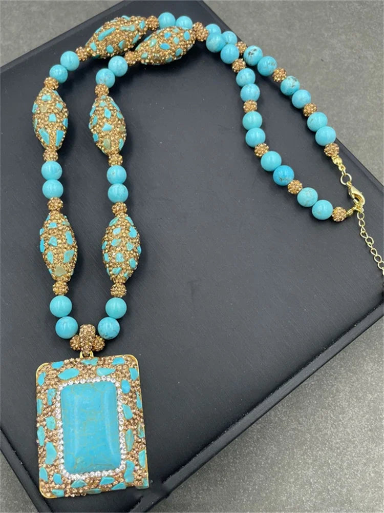Turkish Natural Blue Turquoise Jewelry Women Gemstone Rhinestone Crystal Necklace Ring Earring Set Party Wedding Dress Acces