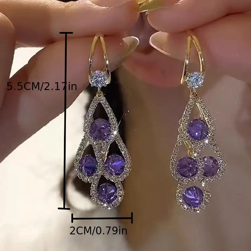 Purple Crystal Water Drop Long Tassel Earrings Women Design Sparkling Prom Accessories Party Jewelry Birthday Anniversary Gifts