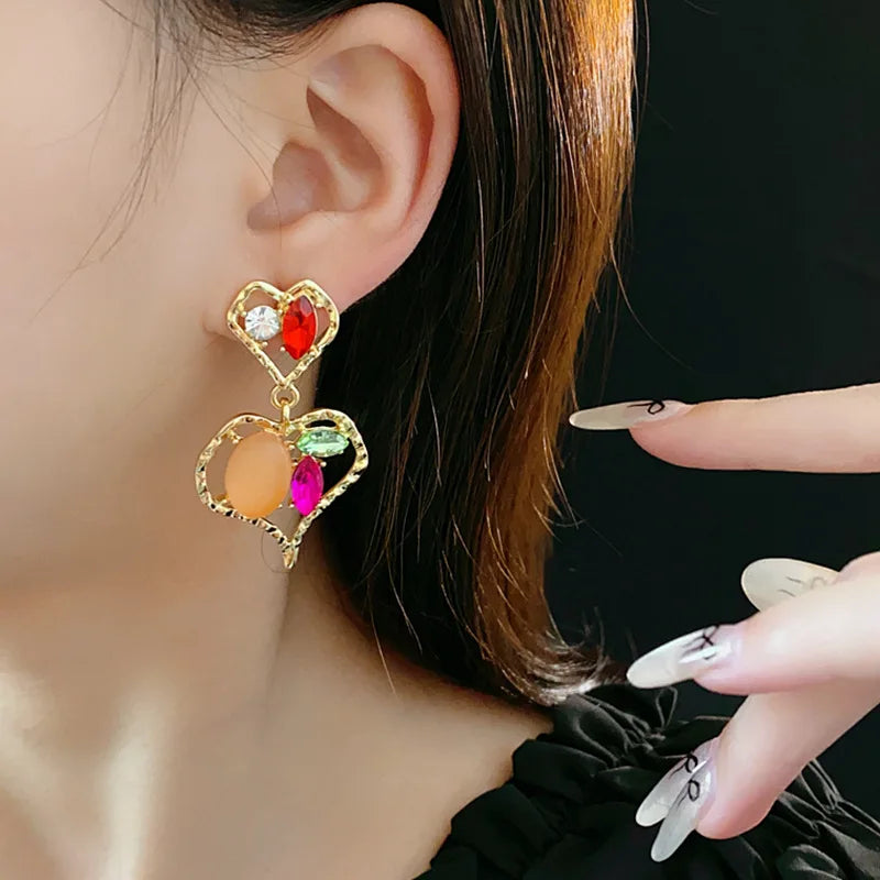 Heart Inlaid Rhinestone Earrings for Women Korean Girl Heart Drop High-grade Temperament Female Accessories Wedding Gifts