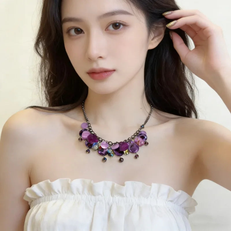 NISHIZAWA Y2k Purple Necklaces for Women Tassels Vintage Chokers Jewelry Beach Style Fashion Collares Para Mujer