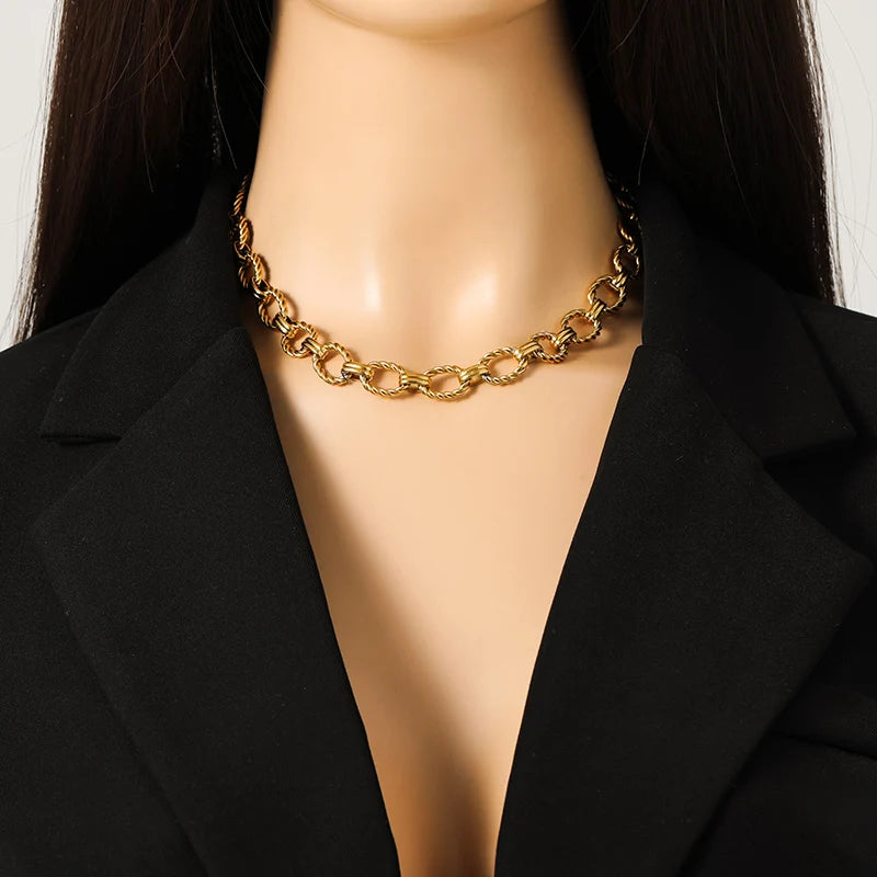 EILIECK 316L Stainless Steel Metal Gold Color Oval Link Chain Necklace Bracelet Set For Women Fashion Punk Waterproof Jewelry