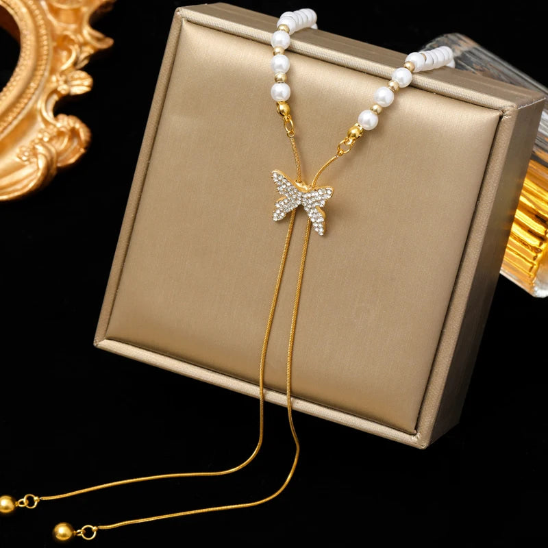 EILIECK 316L Stainless Steel Butterfly Pearl Long Pendant Necklace For Women Fashion Choker Clavicle Chain Waterpro Jewelry Gift