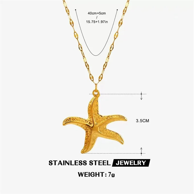 EILIECK 316L Stainless Steel Pearl Shell Starfish Sun Charm Necklace For Women Ocean Style Gold Plated Handmade Holiday Jewelry