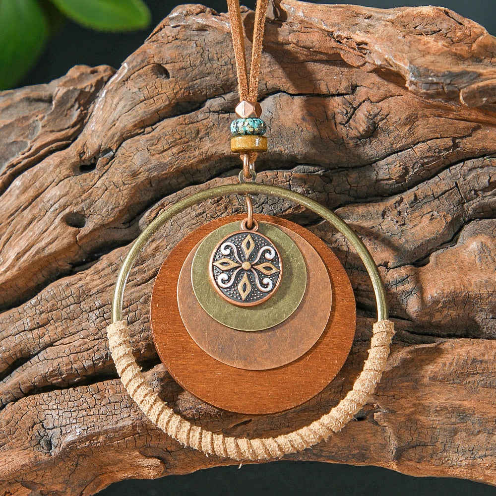 1 Pcs Women's Retro Boho Pendant Necklace Statement Large Circle Multi-layer Sweater Chain Daily Wear Commuting Party All-match