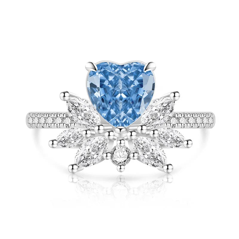 Light luxury 925sterling silver colorful gemstone ice flower ring for women,super sparkly high carbon diamond heart ring jewelry