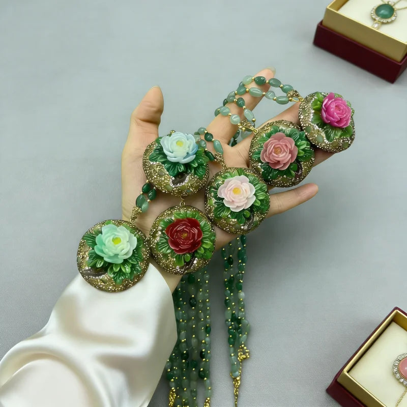 Turkish Natural Tourmaline Crystal Stone Neckalce Jade 3D Peony Flower Pattern Gemstone Pendant Charm Chain Women Lucky Jewelry