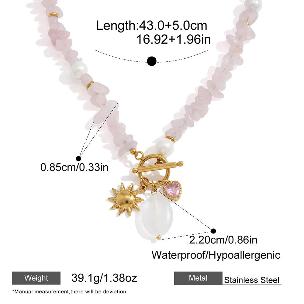 Fashion Oval Natural Stone Pendant Stainless Steel Necklace with Zircon Pearl Summer Style Stone Chip Handmade Collars Jewelry