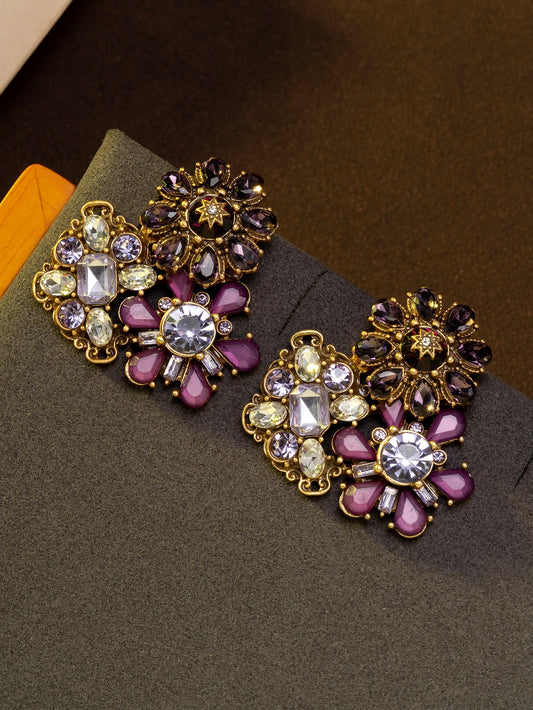 1 Pair of Vintage Exquisite Colorful Purple Rhinestone-Embellished Flower Cluster Luxury Earrings Suitable for Women to Wear Daily or at Parties, or as a Gift
