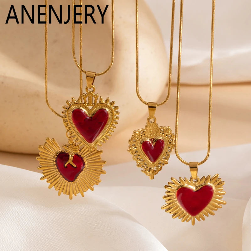 ANENJERY 316L Stainless Steel Red Heart Geometry Pendant Necklace For Women Vintage French Elegant Jewelry Gifts Wholesale