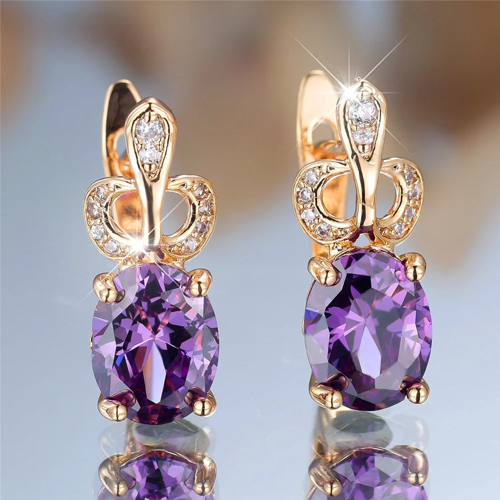 Luxury Female Purple Oval Zircon Stone Hoop Earrings Fashion Gold Color Wedding Jewelry For Women