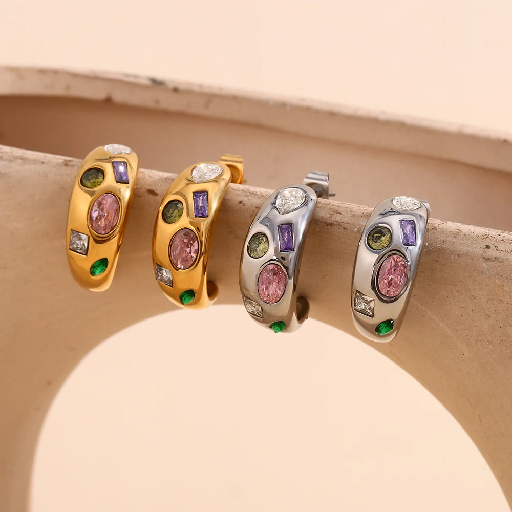 E.B.belle Geometry Colorful Zircon C-shpaed Stud Earring Basic Fahsion Stainless Steel Women Jewelry Waterproof Hypoallergenic