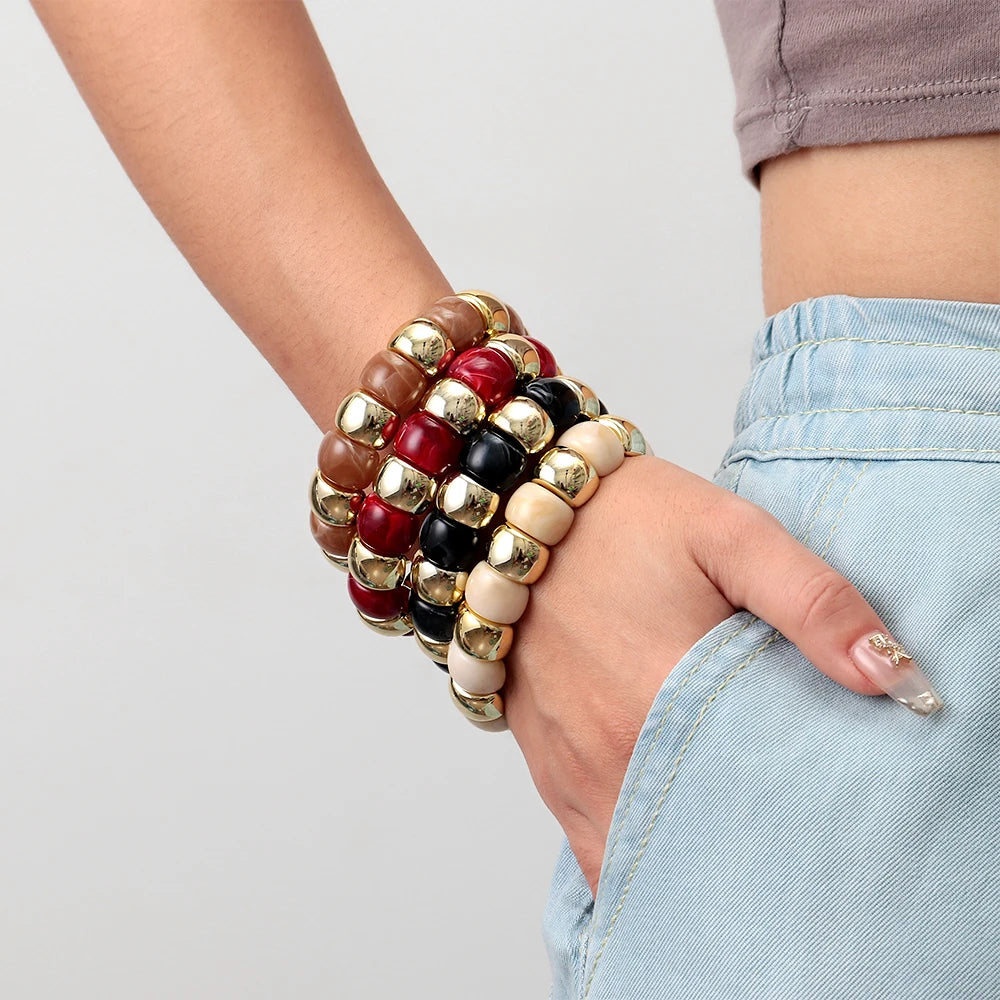 Vintage Acrylic Coloful Geometric Beads Elastic Bangle Bracelets Fashion Resin Golden CCB Bead Stackable Bracelet Women Jewelry