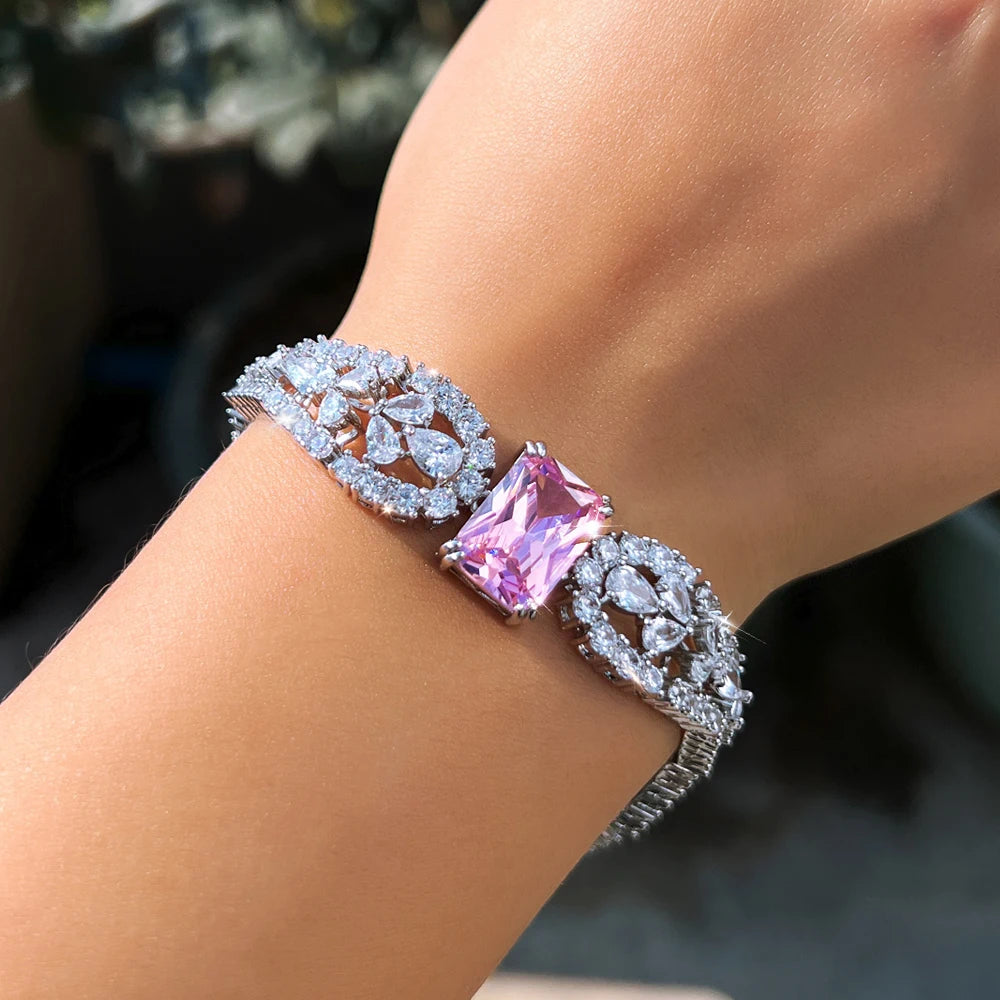 ThreeGraces Elegant Brilliant Pink Square Cubic Zirconia Feather Shape Bridal Wedding Party Link Chain Bracelet for Women BR454