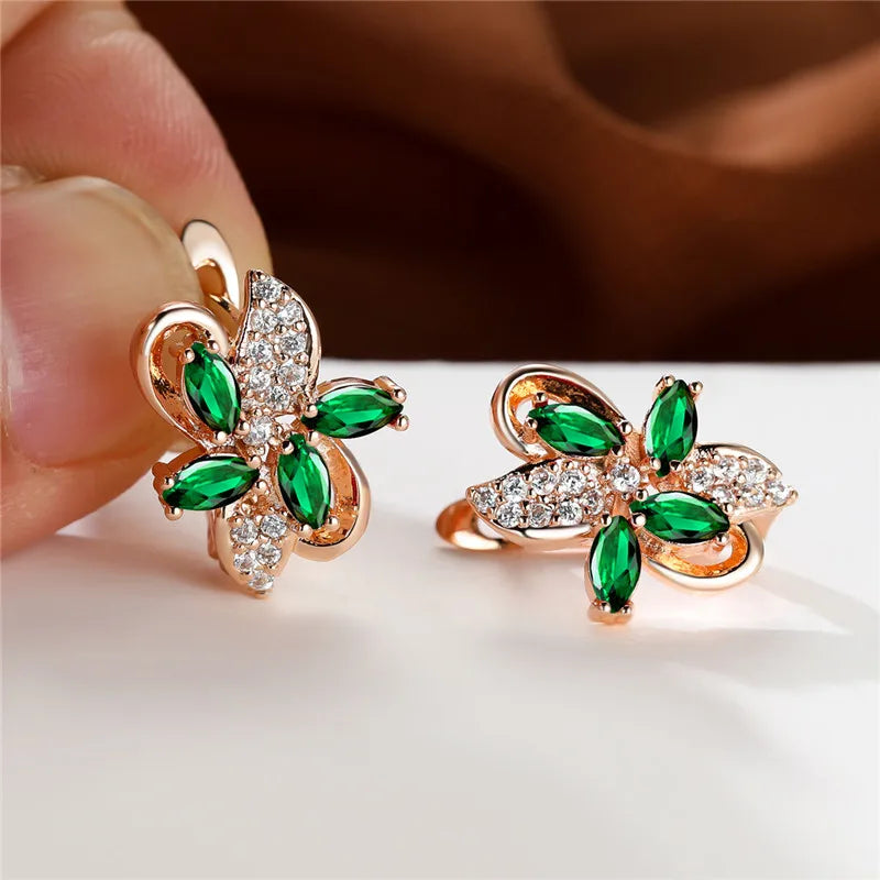 Cute Star Flower Multicolor Red Blue Zircon Stone Hoop Earrings Rose Gold Color Wedding Jewelry For Women