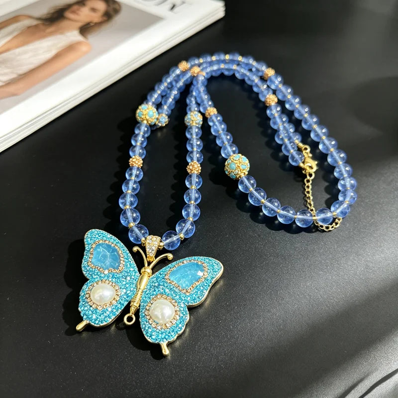 Natrual Freshwater Pearl Citrine Turquoise Crystal Quartz Necklace for Women Fashion Butterfly Beaded Chain Wedding Jewelry