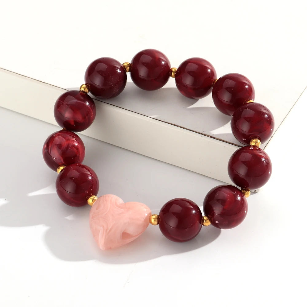 Trendy Acrylic Round Heart Beads Elastic Bangle Bracelets Resin Colorful Geometric Beaded Stretch Bracelet Women Charm Jewelry