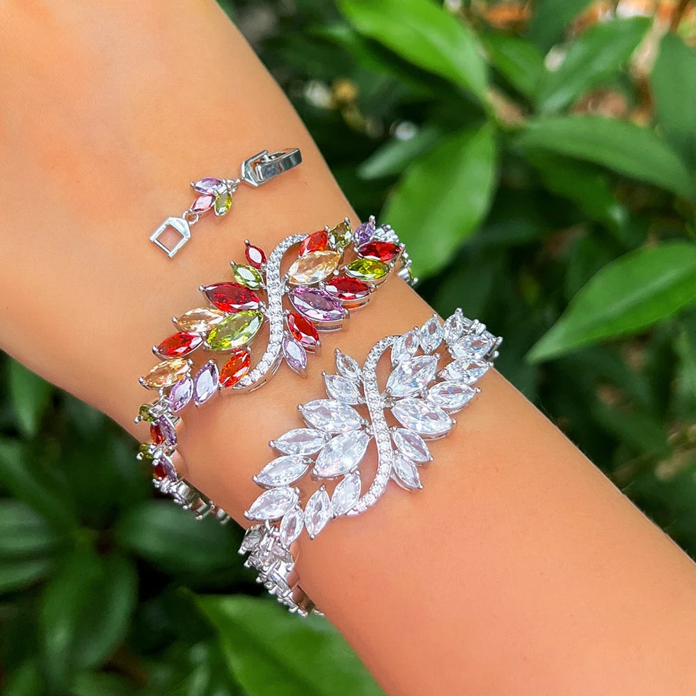 ThreeGraces Luxury Shiny Multicolor Zirconia Big Leaf Bracelet for Women Fashion Bridal Wedding Evening Party Jewelry BR402
