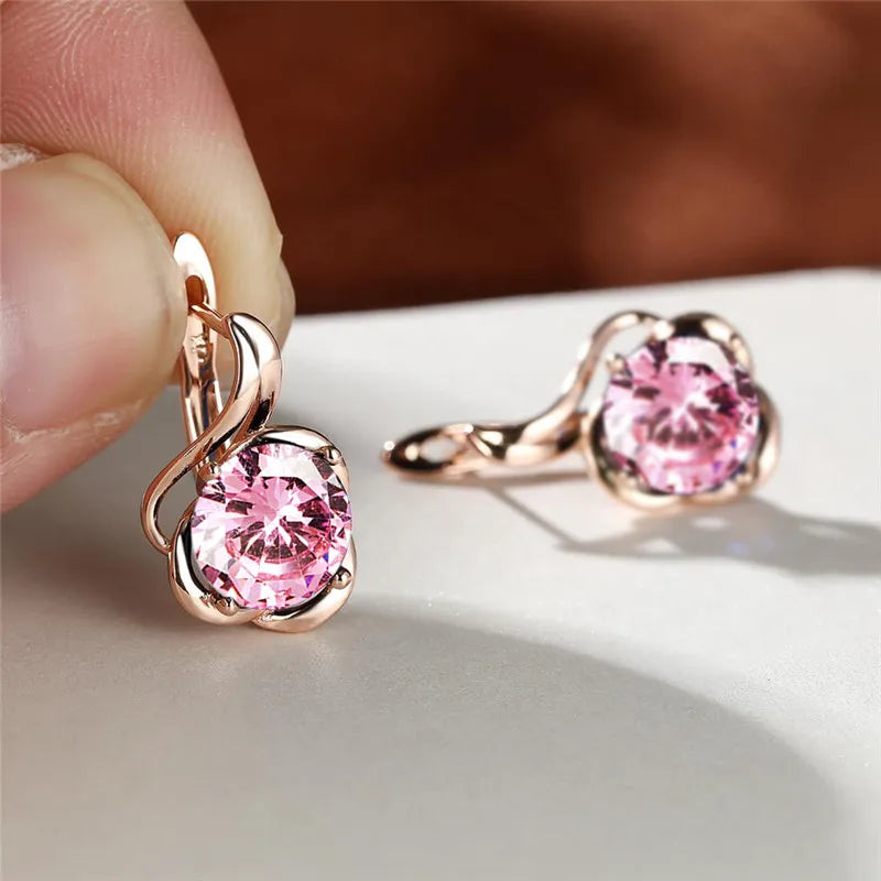Female Crystal Round Red Green Purple Zircon Stone Flower Hoop Earrings Charm Rose Gold Color Wedding Jewelry Earrings For Women