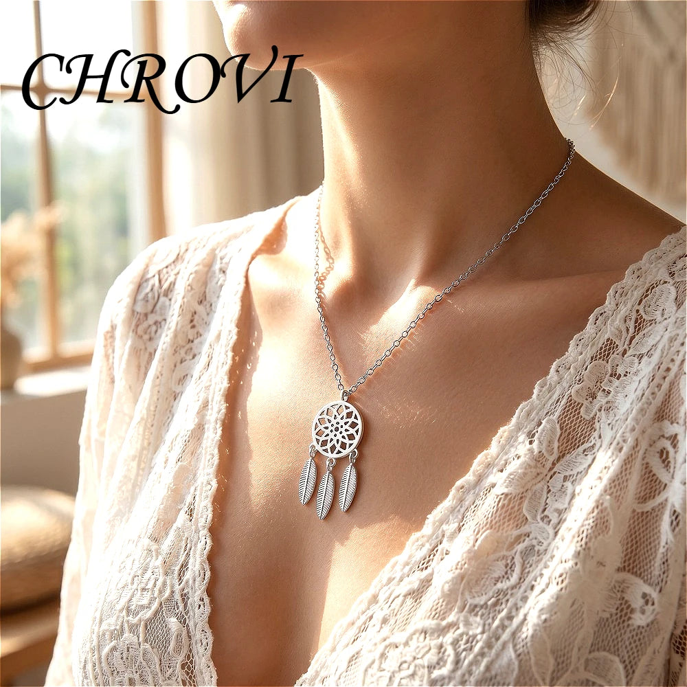 Sweet 925 Sterling Silver Dreamcatcher Hollow Flower Cute Tassel Leaf Necklace for Women