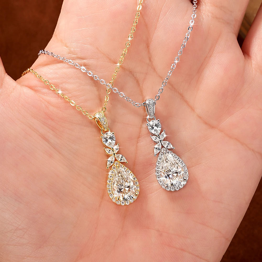 OXTAO 14K Gold Filled Teardrop Pendant Necklace 7x10.5mm Pear Shape Certified Moissanite Floral-Style Necklace for Women Jewelry