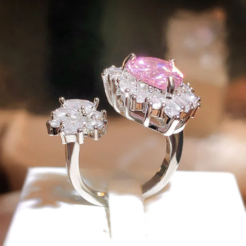 New Asymmetric Pink Zircon Exquisite Drop Ring Female Adjustable Temperament Wedding Party Jewellery Gift With 925 Stamp
