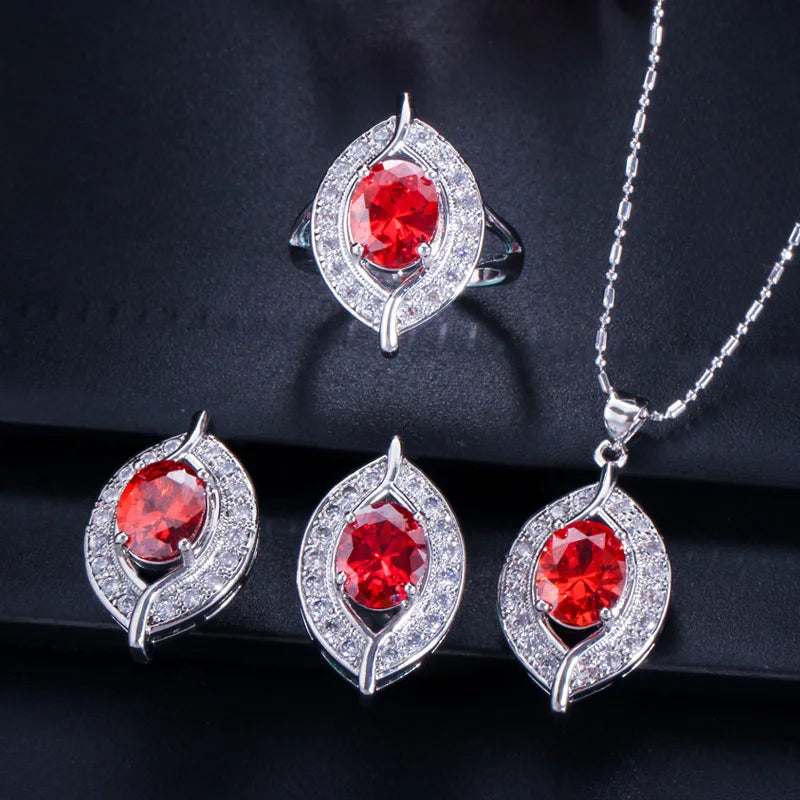 ThreeGraces 3pcs New Trendy Shiny Red Cubic Zirconia Fashion Earrings Necklace Ring Bridal Party Jewelry Set for Women JS707