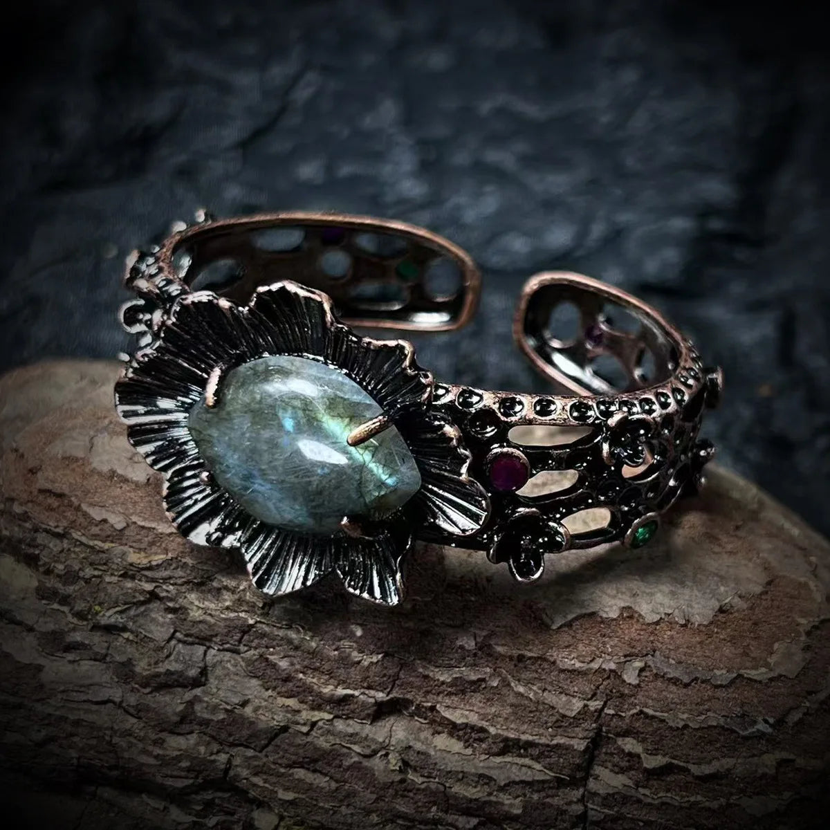 YEEVAA Artisan Vintage Labradorite Statement Handcrafted Cuff - Wide Iridescent Stone Bangle Bracelet, Boho Jewelry