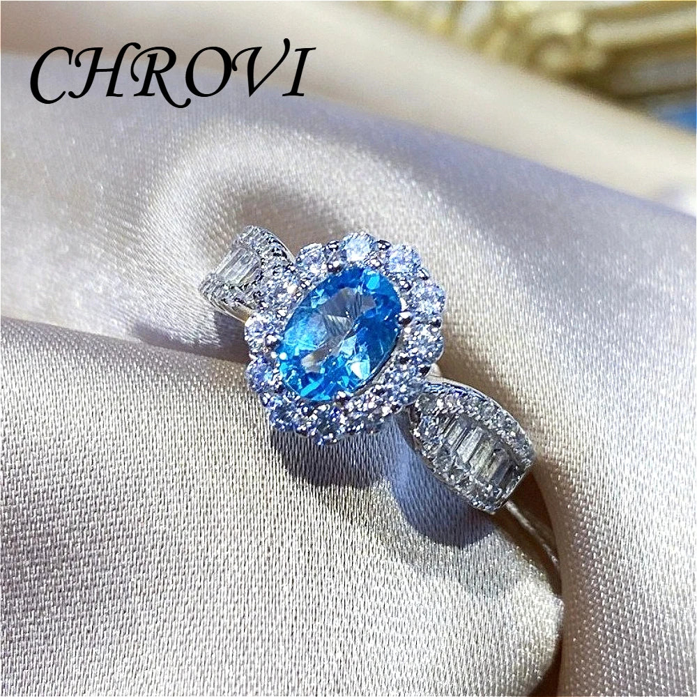 Fashion 925 sterling silver sky blue topaz full diamond minimalist style open ring for women - finger ring