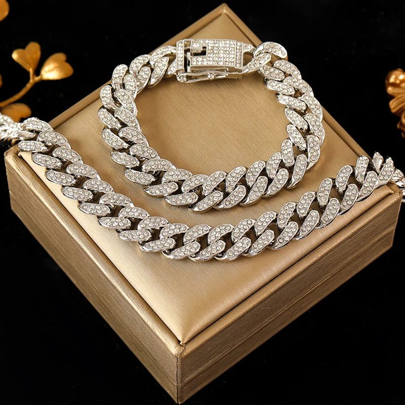 EILIECK Exquisite Geometric Thick Cuban Chain Necklace Bracelet Set Trendy Collar Punk Zirconia Collar Jewelry Women Men New