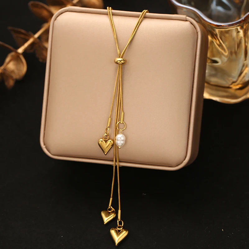 EILIECK Women's Heart Long Pendant Y-shaped Necklace 18K Gold-plated Stainless Steel Neck Chain Daily Water-resistant Jewelry