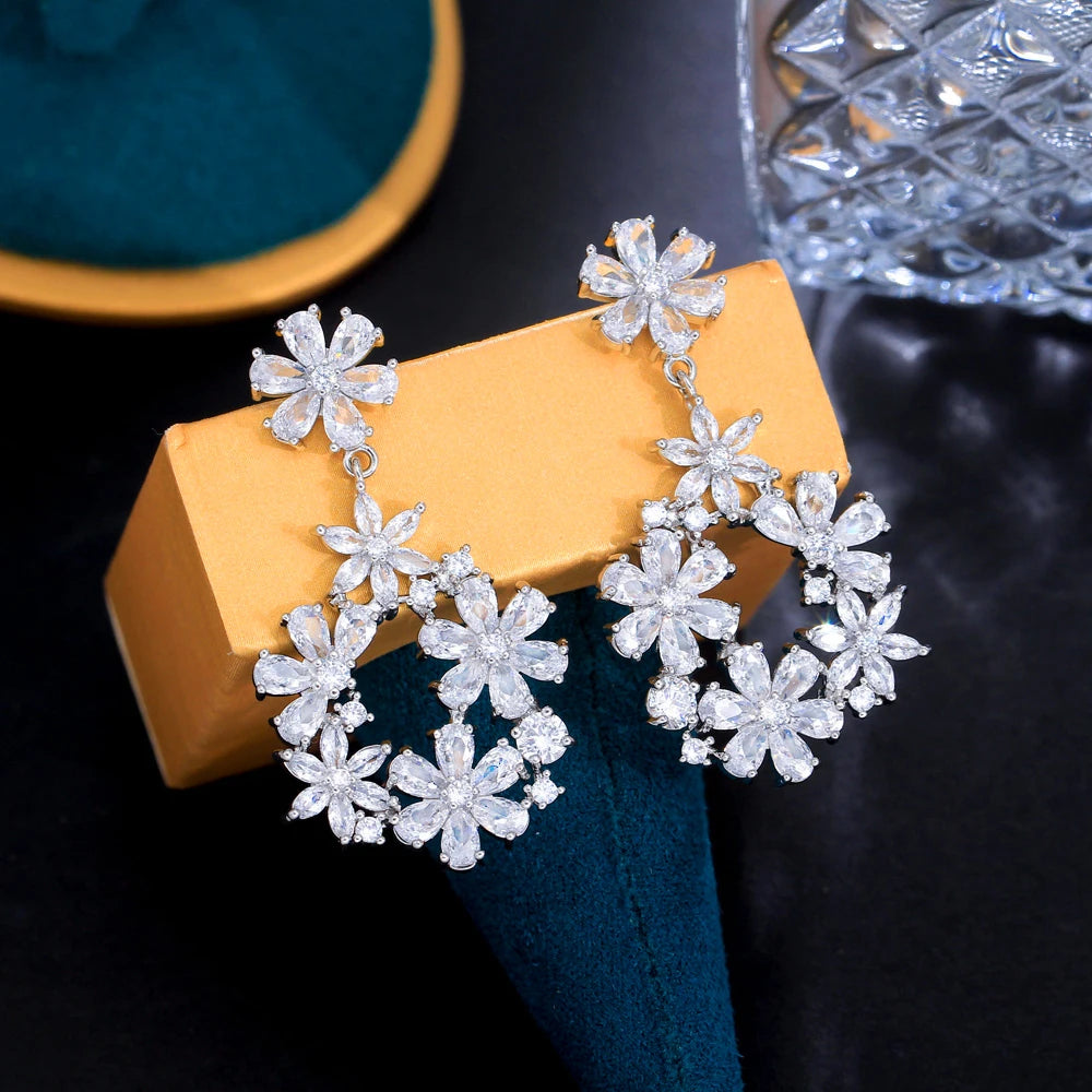 ThreeGraces Pink Yellow Cubic Zirconia Stone Cluster Flower Shaped Long Dangle Earrings for Women Evening Party Jewelry E2112