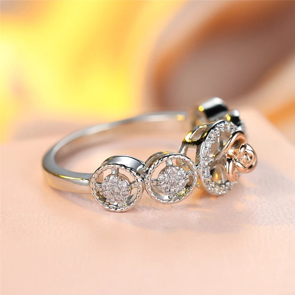Cute Female White Zircon Round Stone Silver Color Wedding Jewelry Promise Engagement Flower Rings For Women