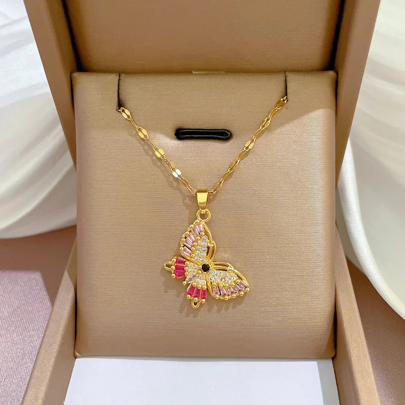 Stainless Steel Elegant Statement Butterfly Pendant Necklace Rhinestone Chain for Women Bling Crystal Choker Party Jewelry