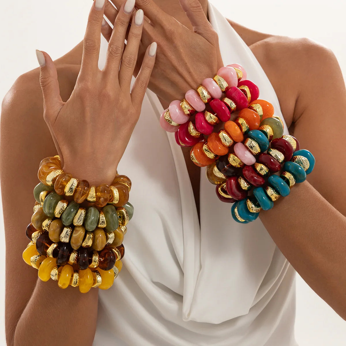 KMVEXO Bohemian Colorful Acrylic Beads Bracelet for Women New Trendy Resin Flat Round Elastic Bangles Statement Jewelry Gift