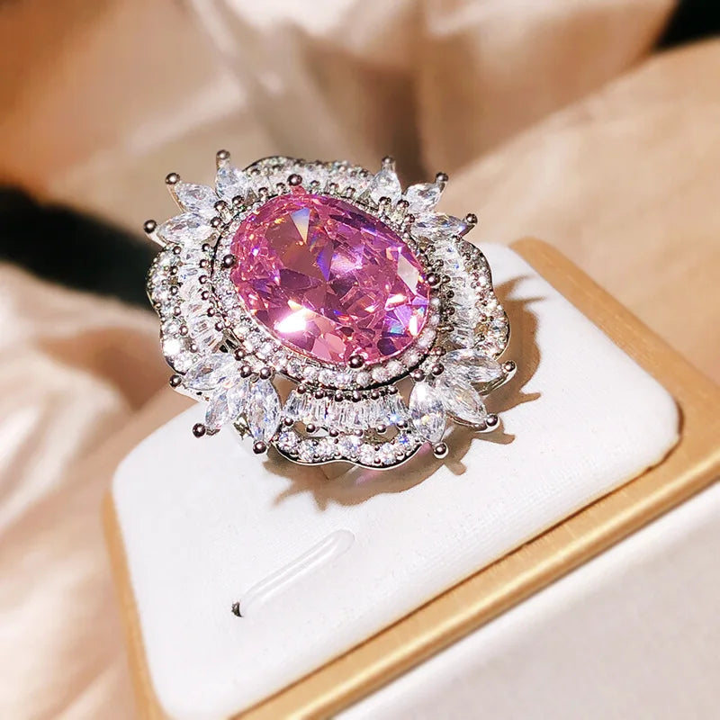 925 Silver Ring New Water Drop Shaped Pink Zircon Full Diamond Opening Ring For Women's Party Wedding Jewelry Gift