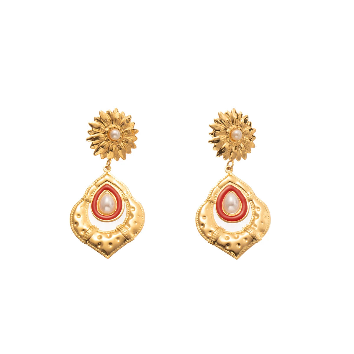 ANENJERY 316L Stainless Steel Flower Geometry Water Droplet Pearl Earrings For Women French Vintage Niche Lady Jewelry Gifts