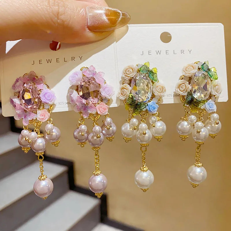 Handmade Petal Long Tassel Drop Earrings for Women Elegant Luxury Retro Flower Ear Studs Niche Design Wedding Party Jewelry Gift